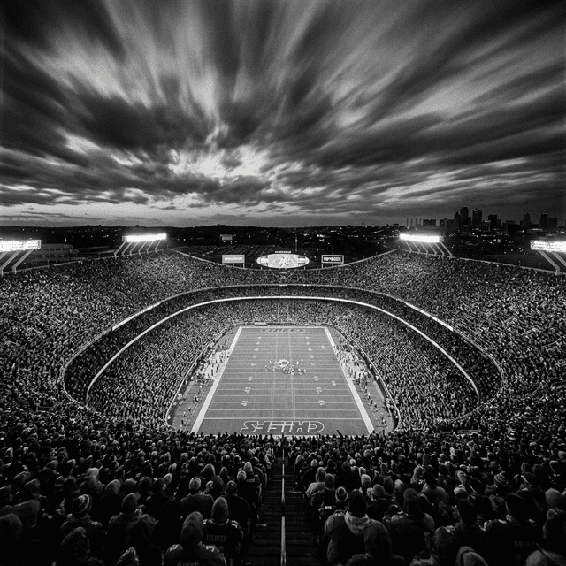 Arrowhead Stadium packed with fans under dramatic skies