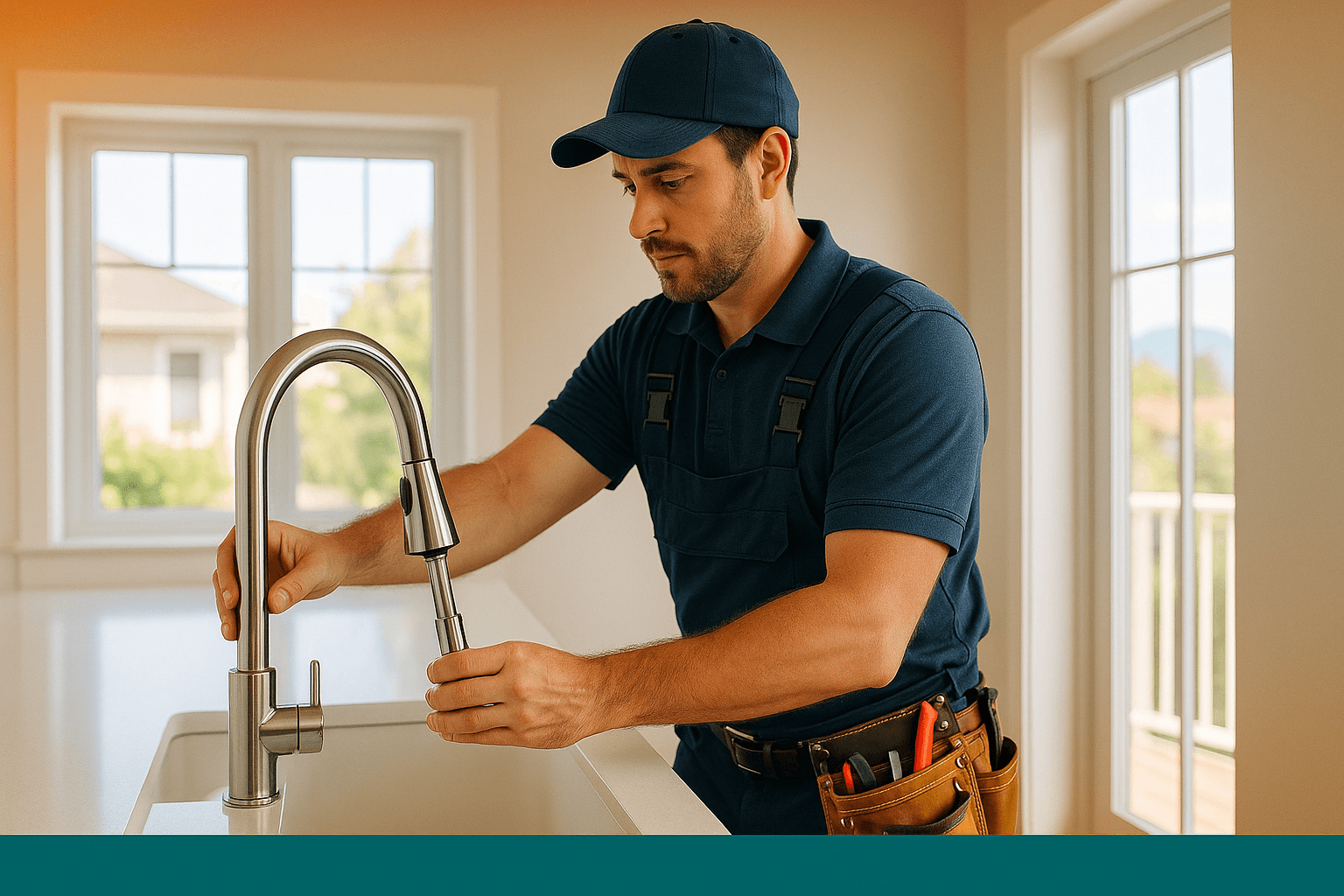 Professional plumbing contractor working on residential water heater installation
