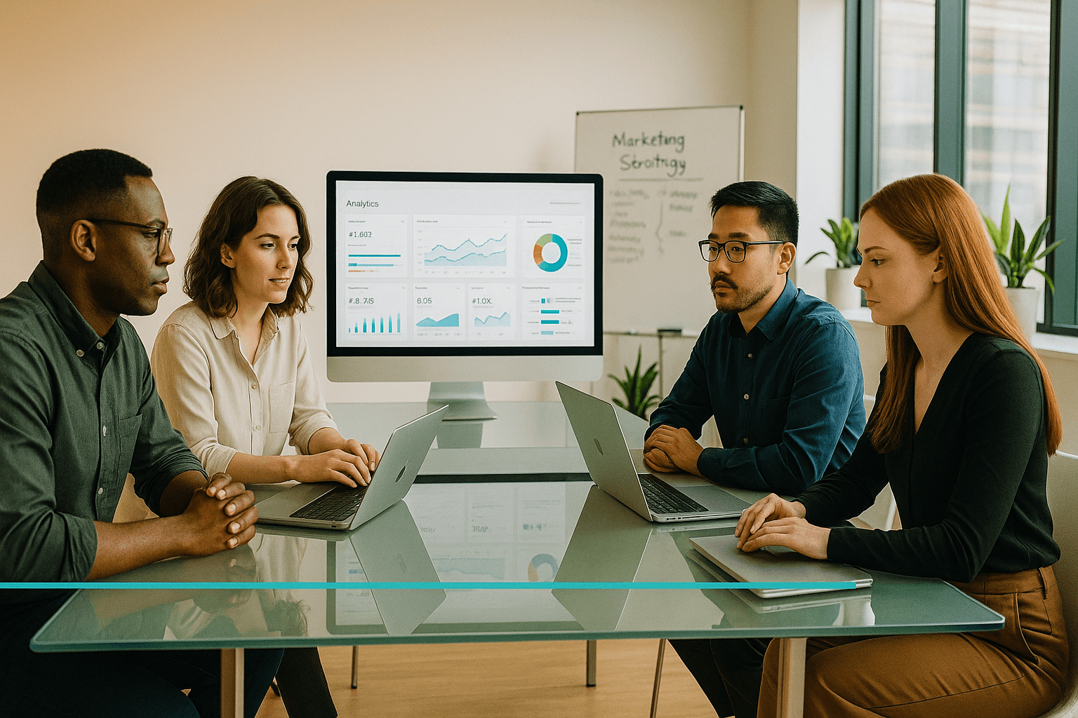 Digital marketing team collaborating in modern office space