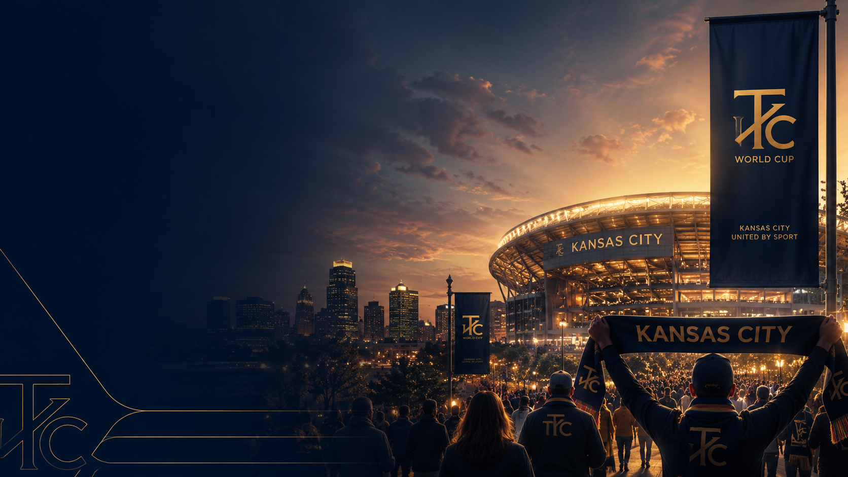 Kansas City stadium at dusk on World Cup match day